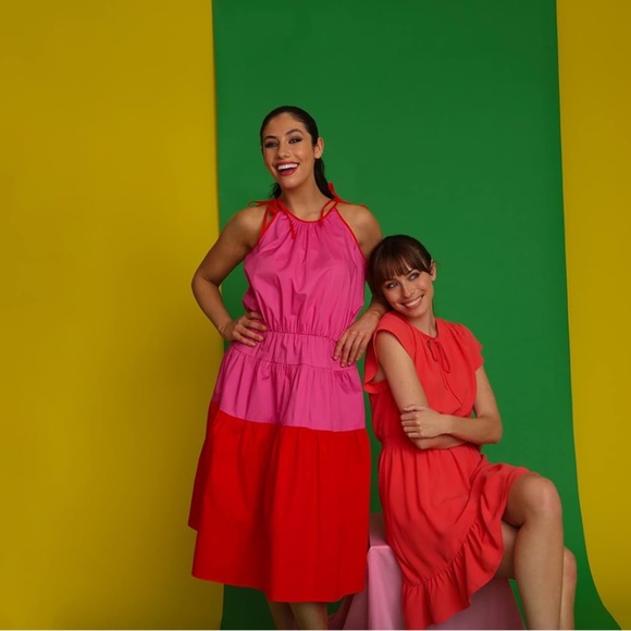 London Times Pink Red Color Block Shoulder Tie Halter A-line Dress Size Small - Picture 4 of 15